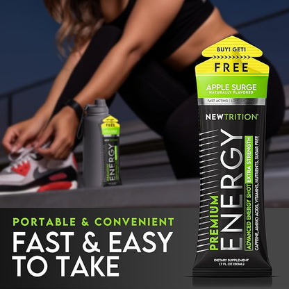NewTrition® Extra Strength Energy Shots, 1.7 fl oz - 250mg Caffeine with Vitamin B & Amino Acids, Sugar-Free, Zero Calorie Vitamin Energy Drink for Focus & Endurance (Pack of 12, Apple Surge)