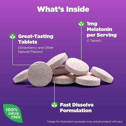 Natrol Fast Dissolve Melatonin 1 mg, Supplements for Restful Sleep, Sleep Support for Adults, 200 Strawberry-Flavored Melatonin Tablets, Up to a 200 Day Supply
