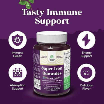 Extra Strength Iron Supplement Gummies for Women & Men - Chewable Iron with Vitamin C & B Complex for Energy Blood Builder & Immune Support - Increase Red Blood Cells Supplement - 30 Count