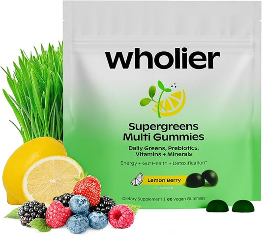 wholier Daily Supergreens Gummies, Greens Supplement with Prebiotics, Fiber, Adaptogens, Vegan Multivitamin, 9 Essential Vitamins + Minerals, 1g Sugar, 2 Gummy Serving (60 Gummies, 30 Day Supply)