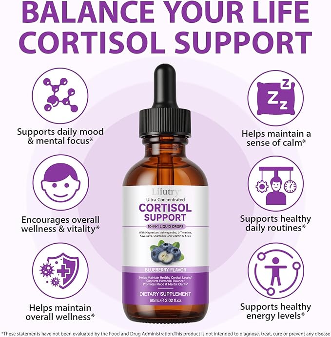Cortisol Supplement Liquid Drops, Cortisol Supplements for Women & Men, 10 in 1 Cortisol Detox Manager Reducer with Magnesium, Ashwagandha, L-theanine, Hormone Balanced, Sleep Support - 2.02 fl.oz