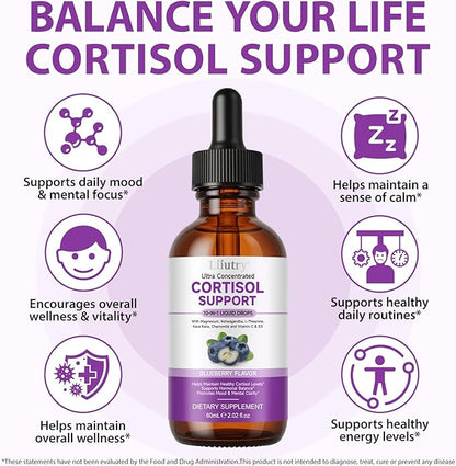 Cortisol Supplement Liquid Drops, Cortisol Supplements for Women & Men, 10 in 1 Cortisol Detox Manager Reducer with Magnesium, Ashwagandha, L-theanine, Hormone Balanced, Sleep Support - 2.02 fl.oz