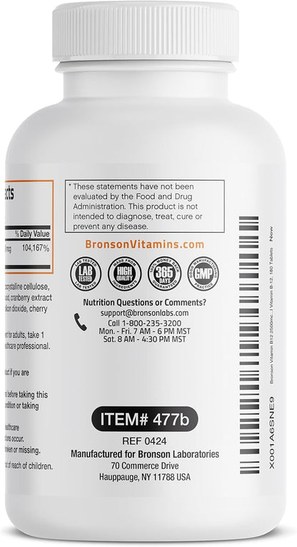 Vitamin B12 2500mcg Shot Of Energy Fast Dissolve Chewable Tablets - Quick Release Cherry Flavored Sublingual B12 Vitamin - Supports Nervous System, Healthy Brain Function Energy Production – 180 Count