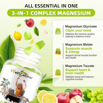 Triple Magnesium Complex Gummies for Women Men: Magnesium Glycinate Malate Taurate Supplements Support Sleep Mood Balanced Bones Muscle Health with CoQ10 Vta D3 Calcium, Sugar Free Vegan 30 Days