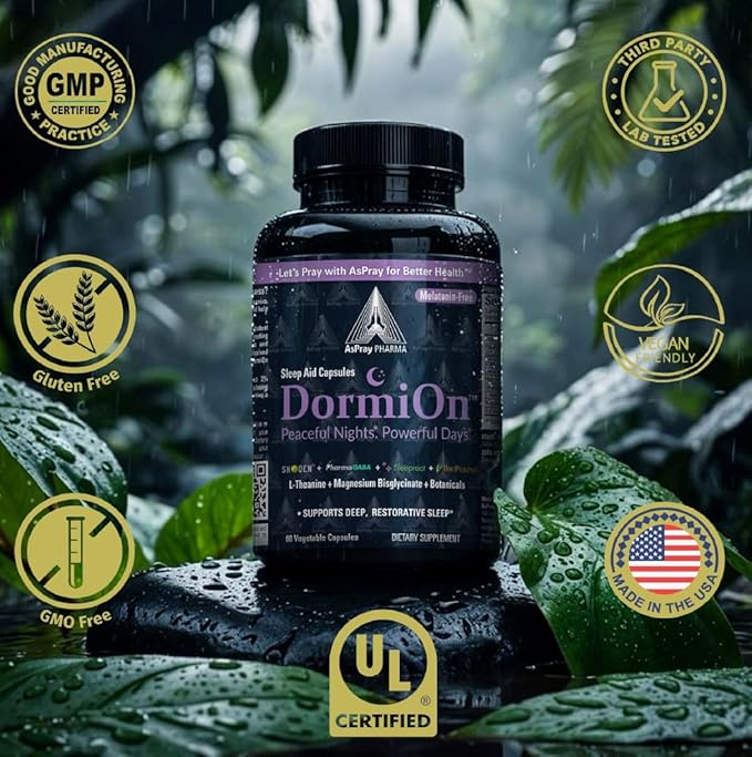DormiOn™ Sleep + Restore + Stress Supplement | Herbal Sleep Aid for Women & Men | No Melatonin, Non-Habit Forming | Ashwagandha, GABA, Valerian & Magnesium | Vegan, 60 Capsules