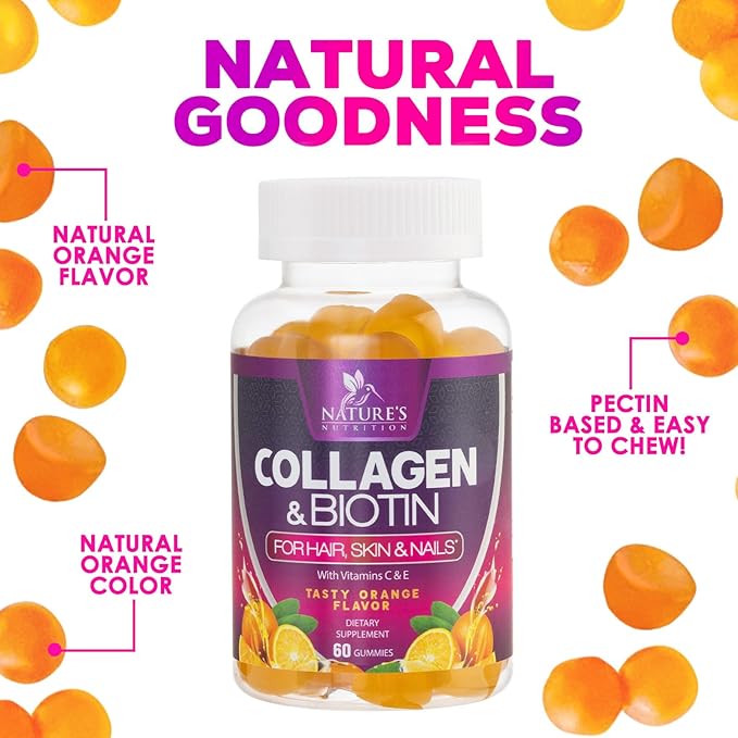 Collagen Gummies - 2500mcg Biotin Per Serving - Complete Collagen Supplement with Hydrolyzed Peptides Type I & III, Biotin, Zinc, & Vitamin C - Hair, Skin, & Nail Support Women & Men - 60 Gummies