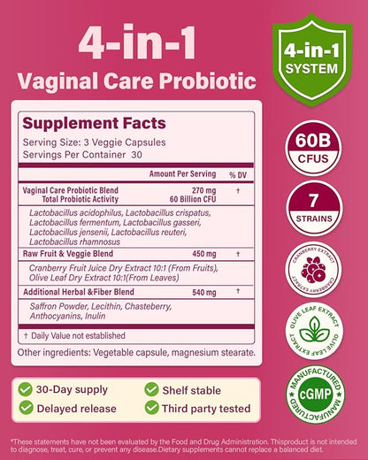 Vaginal Probiotics for Women pH Balance with Prebiotics - 60 Billion CFU for Odor, Yeast & Digestion - Cranberry for Urinary Tract & Hormonal Balance - Vegan & Non-GMO | 90 Capsules