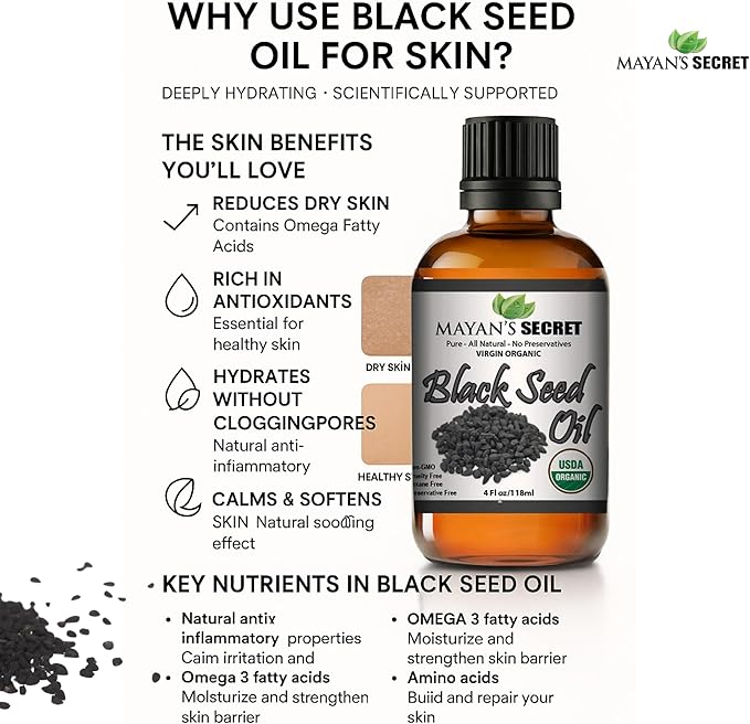 Pure Carrier and Essential Oils for Skin Care, Hair, Body Moisturizer for Face-Anti Aging Skin Care (Black Cumin Seed Oil Organic, 4oz)