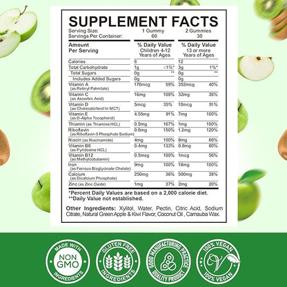 Iron Supplement Gummies for Kids - with Calcium, Zinc, Kids Multivitamin with Iron Gummies - Immune Support, Blood Builder & Energy Support for Iron Deficiency, Anemia, Apple & Kiwi Flavor, 60 Count