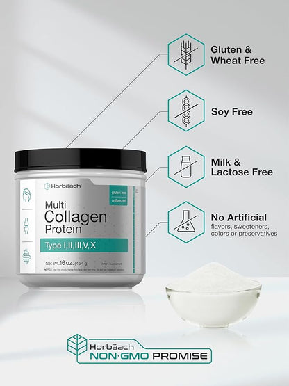 Horbäach Multi Collagen Protein Powder 16 oz | Type I, II, III, V, X | Unflavored | for Men and Women | Non-GMO, Gluten Free Supplement