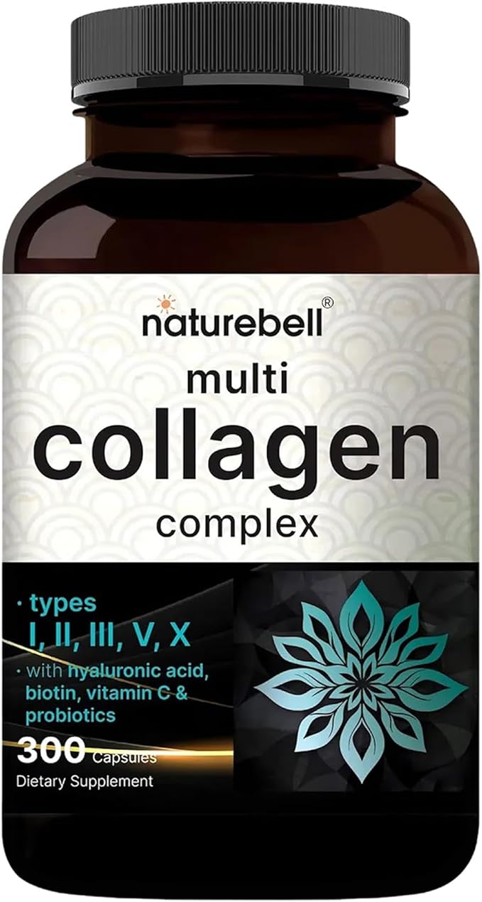 NatureBell Multi Collagen Complex - 300 Capsules - 5 Collagen Peptides (Type I, II, III, V, X), Hyaluronic Acid, Biotin & Probiotics - Hair, Skin, Nail, Joint & Gut Health Support*
