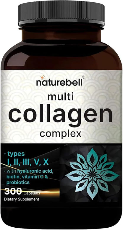 NatureBell Multi Collagen Complex - 300 Capsules - 5 Collagen Peptides (Type I, II, III, V, X), Hyaluronic Acid, Biotin & Probiotics - Hair, Skin, Nail, Joint & Gut Health Support*