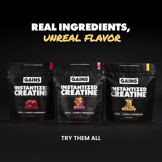 Gains in Bulk Instantized Creatine Monohydrate for Men & Women, Soluble Pre Workout Powder, Supports Muscle Building, Strength and Performance, Bodybuilding Supplements, Sweet Lemonade, 30 Servings