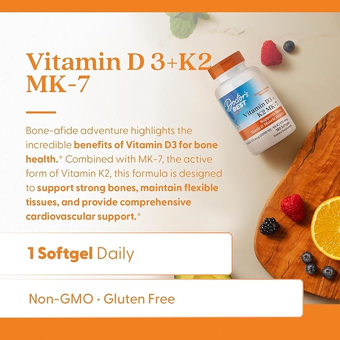 Doctor's Best Vitamin D3 5,000 IU + K2 MK-7 100 mcg, Supports Bone, Teeth & Muscle Health, and Heart Health, Non-GMO, Gluten Free, 180 Softgels