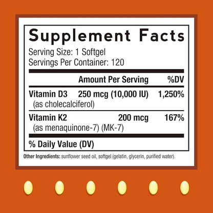 Doctor's Recipes Vitamin D3 K2, 10,000 IU, 200 mcg, MK-7, Strong Bone Density, Teeth, Immune, Heart Support, Energy, Calcium Absorption, No Soy & Gluten, Non-GMO, 120 Softgels