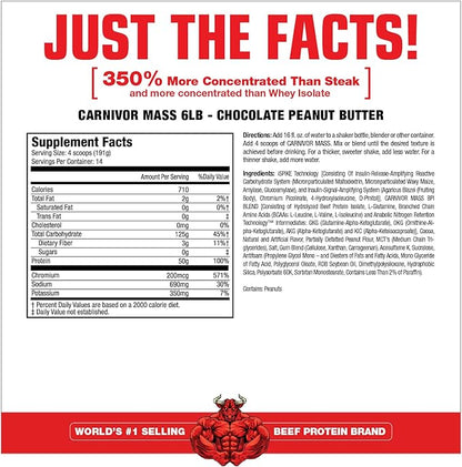 MuscleMeds CARNIVOR Mass Gainer Beef Protein Isolate Shake, 50 Grams Protein, 125 Grams Carbs, 0 Fat, 0 Sugar, Lactose Free, Halal Certified, Chocolate Peanut Butter, 6 Pound