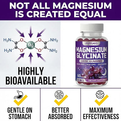 Magnesium Glycinate Gummies, Sugar Free, High Absorption, Gentle on Stomach, Chewable, Grape Flavor, 60 Count (Pack of 1)