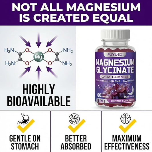 Magnesium Glycinate Gummies, Sugar Free, High Absorption, Gentle on Stomach, Chewable, Grape Flavor, 60 Count (Pack of 1)