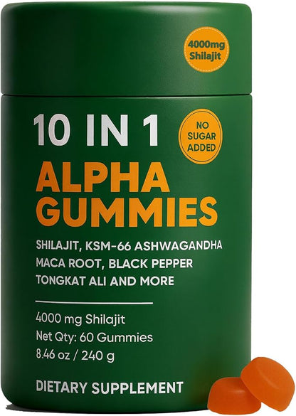 10-in-1 True Alpha Shilajit Gummies, 4000mg Himalayan Alpha Gummies for Men, Energy Boost, Immune Support, with Ashwagandha, Maca Root, Tongkat Ali, Fulvic Acid, 85+Trace Mineral, No Added Sugar, 60ct