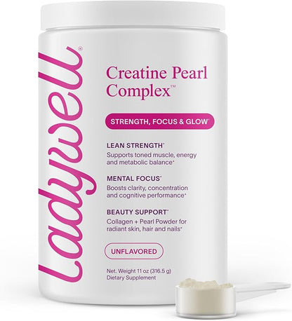 Ladywell Creatine Pearl Complex | 3-in-1 Formula for Women | Creatine Monohydrate, Collagen & Pearl Powder | Supports Energy, Skin Health, Mental Clarity, Metabolism & Lean Muscle | 30 Servings