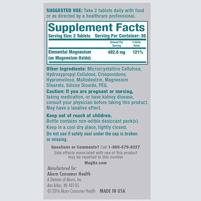 Mag-Ox 400 Magnesium Supplement, Pharmaceutical Grade Magnesium Oxide with 482 mg Per Dose, 120 Tablets, Pack of 2