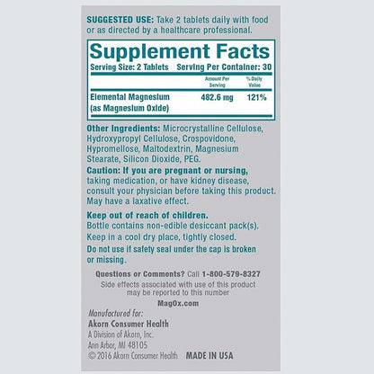 Mag-Ox 400 Magnesium Supplement, Pharmaceutical Grade Magnesium Oxide with 482 mg Per Dose, 60 Tablets