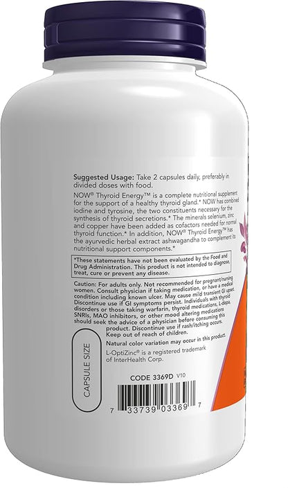 NOW Foods Supplements, Thyroid Energy™, Iodine and Tyrosine Plus Selenium, Zinc and Copper, 180 Veg Capsules (Pack of 2)