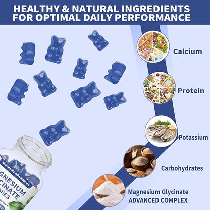 Magnesium Glycinate Gummies 1000mg - Sugar Free Magnesium Potassium Supplement for Relaxation, Calm, Stress Relief, and Sleep Support for Adults & Kids - 60 Blueberry Gummies