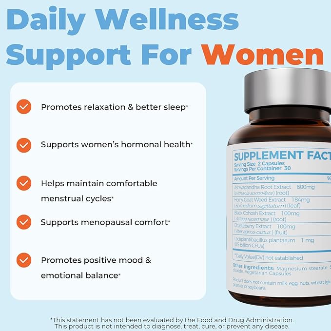 BELLECARE Hormone Balance Capsules for Women, Cortisol Supplements, Female Menopause Supplement with Ashwagandha 600mg Per Serving,Chaste Berry,Black Cohosh for Stress, Mood, Sleep Support,60 Count