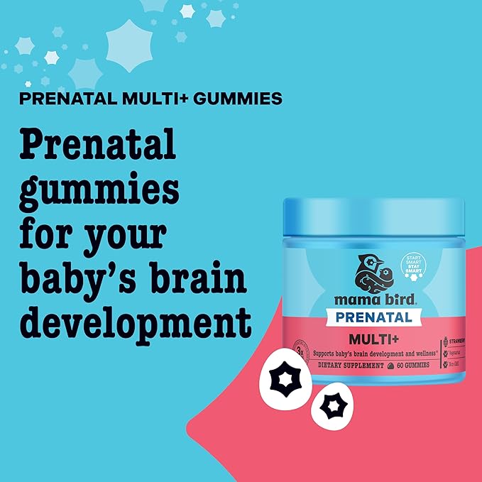 Best Nest Wellness Mama Bird Prenatal Multi Plus - Iron Free Prenatal Care Supplement Supports Brain & Digestive Health - Vegan Multivitamin with Methylfolate - Strawberry, 60 Gummies (30 Servings)