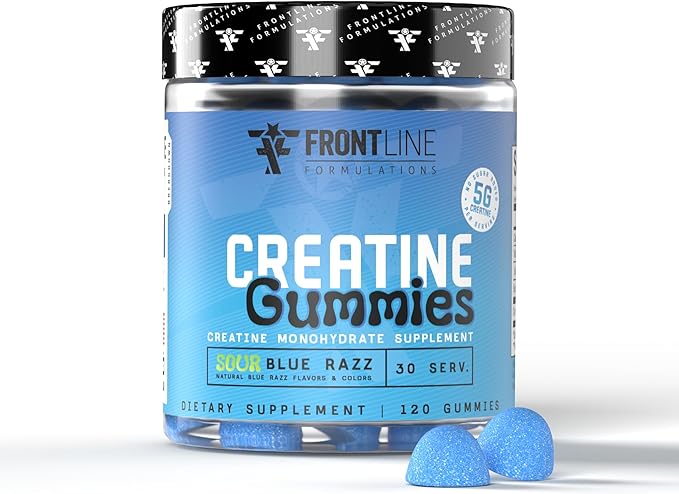 Creatine Monohydrate Gummies, 5g Creatine per Serving, Sugar-Free Creatine Supplement for Strength, Lean Muscle & Cognitive Support, Sour Blue Razz, 120 Gummies