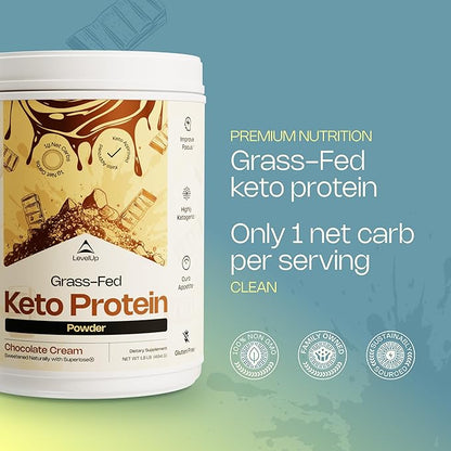 LevelUp 𝗪𝗜𝗡𝗡𝗘𝗥 - 𝗕𝗘𝗦𝗧 𝗞𝗘𝗧𝗢 𝗣𝗥𝗢𝗧𝗘𝗜𝗡 Grass-fed Collagen Protein Powder, C8 MCT Oil, Whey Protein Isolate, Irish Butter, Ketogenic Protein Shake Supplement (Chocolate Cream)