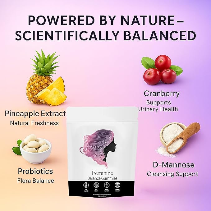 Feminine Balance Gummies, Pineapple Gummies for Women Ph, Probiotic Blend Hawaiian Pineapple Flavored 60 Gummies