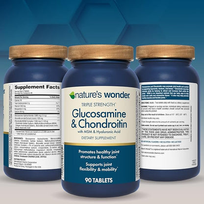 Nature's Wonder Triple Strength Glucosamine Chondroitin with MSM and Hyaluronic Acid and Boswellia for Joint Health, Supports Joint Flexibility and Mobility, 45 Day Supply, 90 Tablets