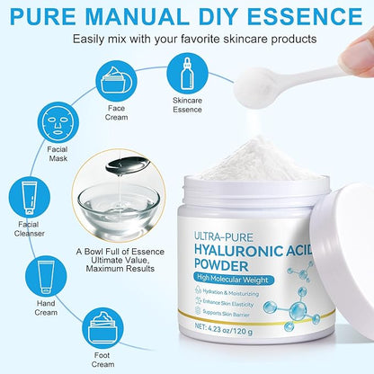 Pure Hyaluronic Acid Serum Powder for Skin & Face, 120G High Molecular Weight Anti Aging Hyaluronic Acid serum, Water Soluble, Fine Powder, Gluten Free, Non-GMO- Includes Scoop