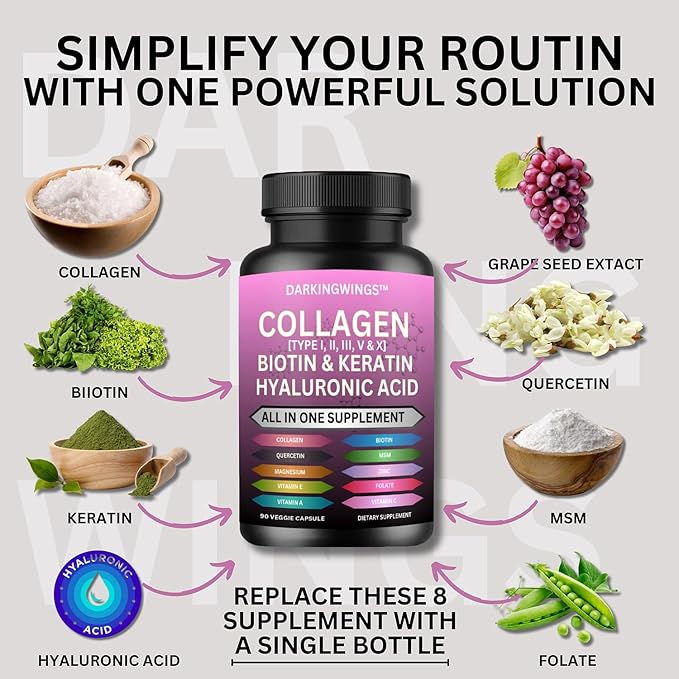 Multi Collagen Pills Peptides Types I, II, III, V & X MCG Biotin Keratin Hyaluronic Acid MSM Vitamin C Zinc Magnesium with Grape Seed Extract, Quercetin - Hair Skin and Nails Vitamins Capsule