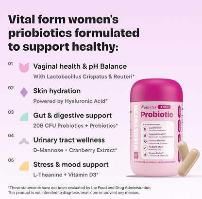 Women’s Probiotic 20 Billion CFU – 5-in-1 Daily Support for Digestive, Vaginal & Urinary Health – with Cranberry, D-Mannose, Prebiotics & Hyaluronic Acid – 30 Capsules