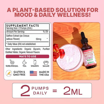 Saffron Supplements for Kids & Adults – Made with Pure Saffron Extract – Vegan, Fast Absorbing – Mix with Drinks – Supports Eye Health, Emotional Balance and Antioxidant Level Boost (Strawberry, 60mL)