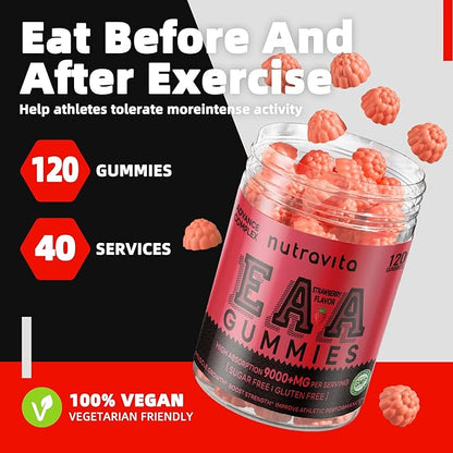 Nutravita EAA Gummies 120 Gummies (Strawberry), 9000 mg Essential Amino Acids - All 9 Essential Aminos (EAA) and All Branched-Chain Aminos (BCAAs), Non-GMO, Gluten Free, Vegetarian Friendly