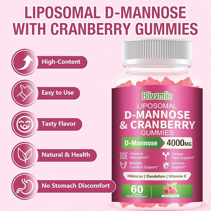Liposomal D-Mannose Gummies 4000mg Complex Cranberry 1500mg & Hibiscus,High-Potency Formula for Women Urinary Tract & Immune Support,Liver, Bladder Flush Cleanse Wellness Supplement