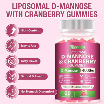 2 Pack Liposomal D-Mannose Gummies 4000mg Complex Cranberry 1500mg & Hibiscus,High-Potency Formula for Women Urinary Tract & Immune Support,Liver, Bladder Flush Cleanse Wellness Supplement