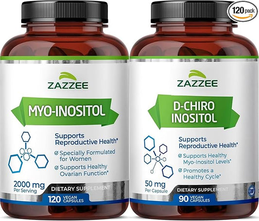 Zazzee 40:1 Ratio Myo and D-Chiro Inositol Supplement for Women | Myo Inositol Capsules Plus D-Chiro for Cycle Regulation Ovarian Support & Overall Hormone Balance for Women - Vegan & ISO Lab Tested