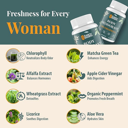 Women's Body Deodorizing Supplement – Chlorophyll Capsules for Body Odor, Fresh Breath & Gut Detox, for Social Confidence – Vegan with Matcha Green Tea, Apple Cider Vinegar (60 Caps)