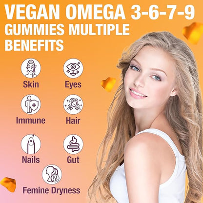 Omega 3 6 7 9 Gummies for Women - Omega 3 Supplement with Sea Buckthorn Oil, Flaxseed Oil, Vitamins E, A & Probiotics - Skin, Eye & Dryness, Chamomile Flavor - 60 Gummies