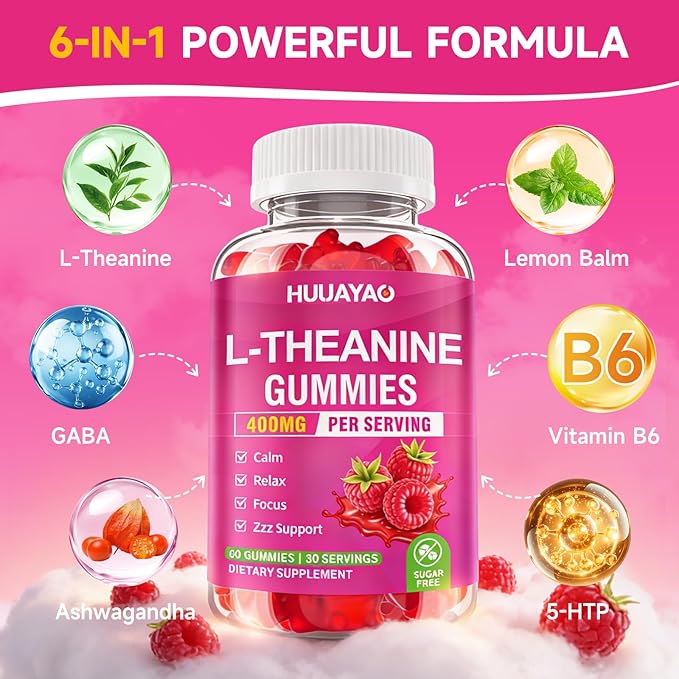 L-Theanine Gummies 400mg, L-Theanine Supplement for Kids & Adults with Ashwagandha, GABA, 5HTP for Calm, Zzz & Relaxation Support, Raspberry Flavor, 120 Counts