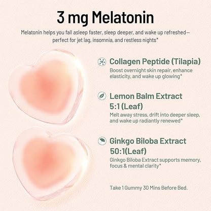 Melatonin Gummies with Ginkgo Biloba Extract, Lemon Balm Extract & Collagen Peptide, 3mg Melatonin, Drug Free Sleep Aid, Strawberry Flavored, 60 Count, Sleep Support Gummies for Restful Sleep