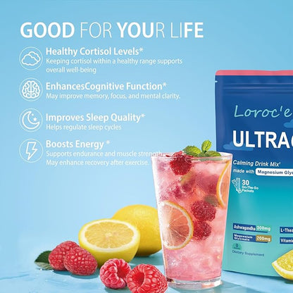 UltraCalm Super Cortisol Drink with Magnesium Glycinate, Ashwagandha, L-Theanine, Vitamin D3, Magnesium Powder for Sleep & Stress Relief, Raspberry Lemonade (30 Servings)