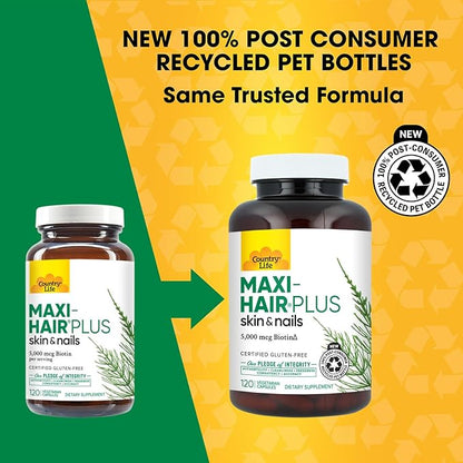 Country Life, Maxi-Hair Plus Biotin, Supports Healthy Hair, Skin and Nails, Daily Supplement, 120 ct