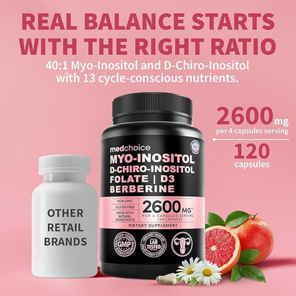 14-in-1 Women’s Inositol Complex Supplement – 40:1 Myo & D-Chiro Inositol with Folate, Vitamin D3, Zinc, Magnesium & Botanicals for Hormone & Feminine Wellness Support – (120 Capsules) (Pack of 4)