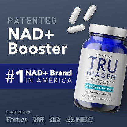 TRU NIAGEN PRO NAD Supplement for Brain Function, Anti Aging, Cell Regeneration | Patented Niagen | Supports Cellular Energy | Nicotinamide Riboside (NR) | 30-1000mg Servings (2x500mg, Take 2 Daily)